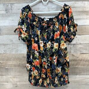 Sweet Rain Black Floral Off Shoulder Smocked Waist Top 2X‎ TP82523-E99 Boho